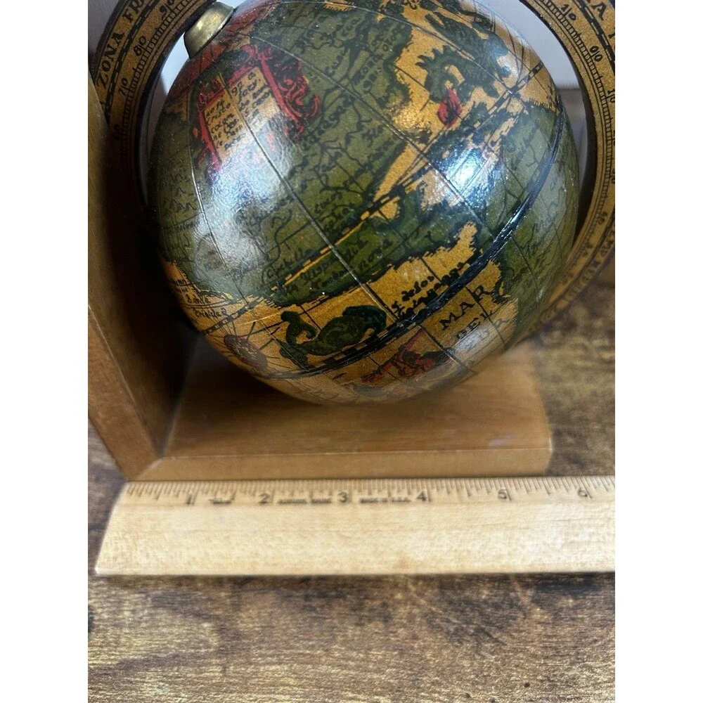 Vintage Italian Globe Bookends Wood Faux Antique Map Library Decor Made in Italy